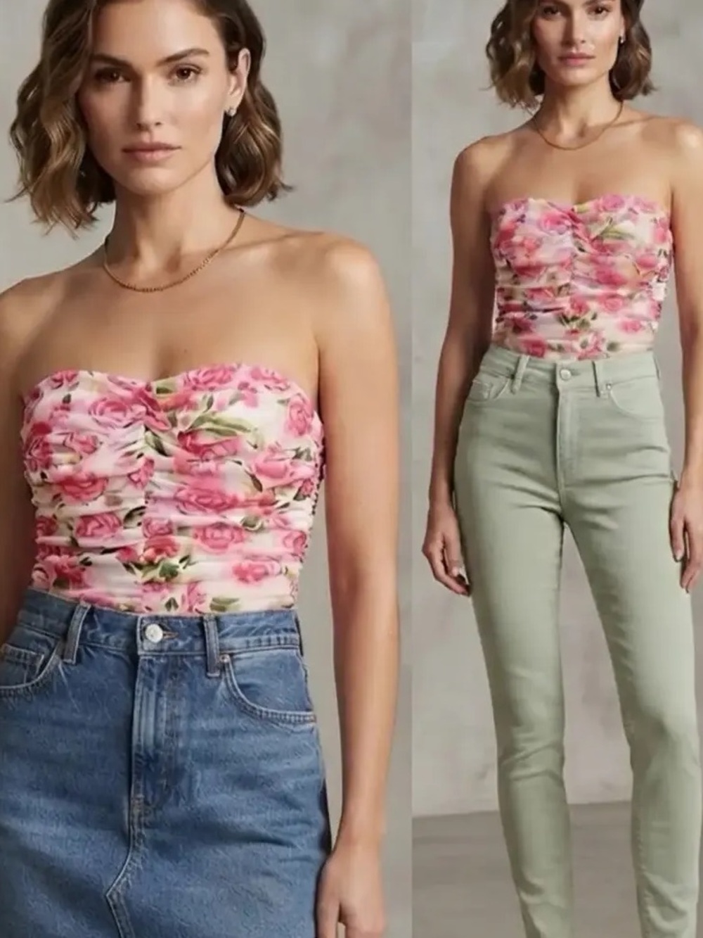 Zara Ruched Rose Floral strapless bodysuits size medium